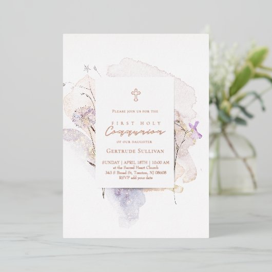 watercolor flowers First Communion 箔招待状 (立ち正面)