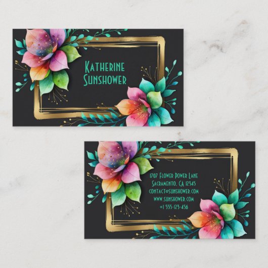 Watercolor Flowers - Golden Frame 34 + your text 名刺 (正面/裏面)