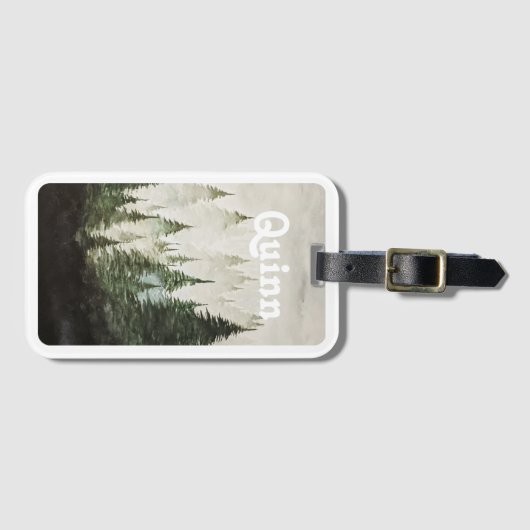 Watercolor Foggy Pine Trees ラゲッジタグ (正面横)