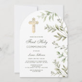 Watercolor Foliage Arch First Communion 招待状 (正面)