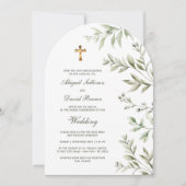 Watercolor Foliage Arch Religious Wedding 招待状 (正面)