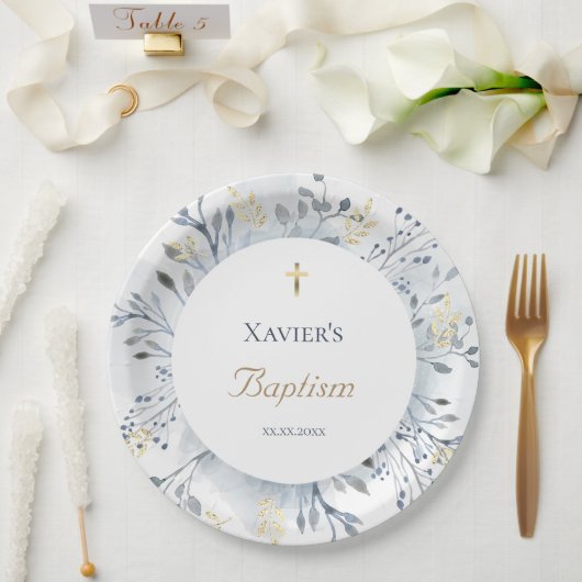 watercolor foliage Baptism ペーパープレート (ウェディング)