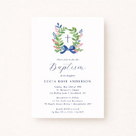 Watercolor Foliage Wreath Blue Bow Baptism  招待状