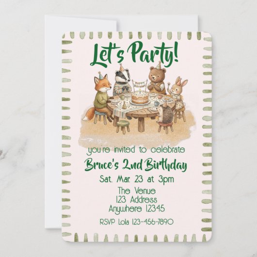 Watercolor Forest Animal Birthday Party 招待状 (正面)