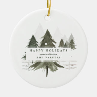 Watercolor Forest Happy Holidays セラミックオーナメント