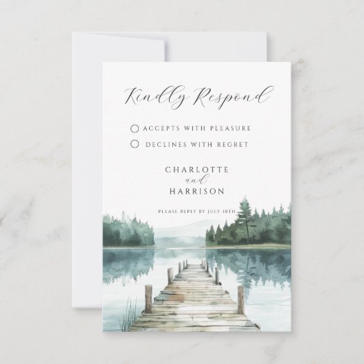 Watercolor Forest Mountain Lake Wedding RSVP (正面)