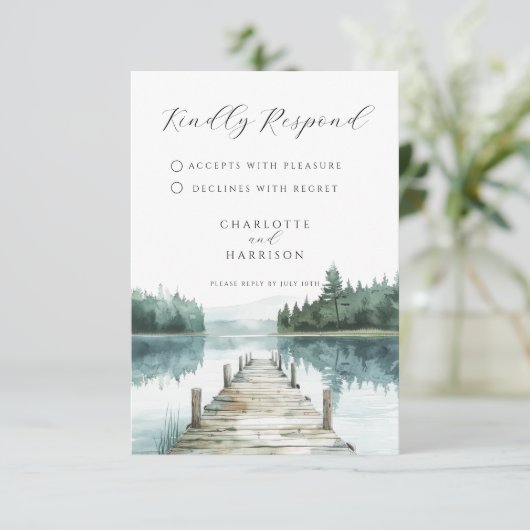 Watercolor Forest Mountain Lake Wedding RSVP (スタンド正面)