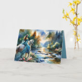 Watercolor Forest River Horsewoman Dreamscape カード (黄色い花)
