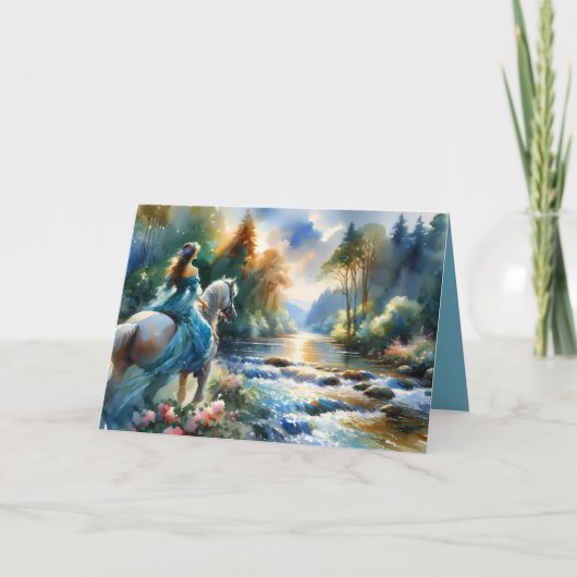 Watercolor Forest River Horsewoman Dreamscape カード (正面)