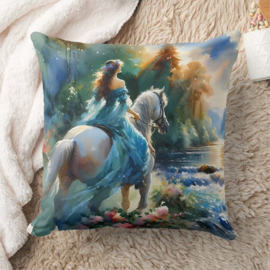 Watercolor Forest River Horsewoman Dreamscape クッション (ブランケット)