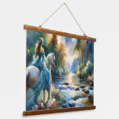 Watercolor Forest River Horsewoman Dreamscape 吊り下げ型タペストリー (傾斜あり)