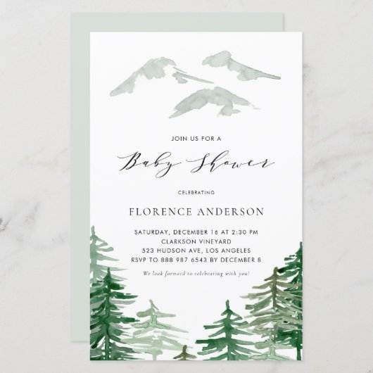 Watercolor Forest Woodland Baby Shower Invitation (正面/裏面)