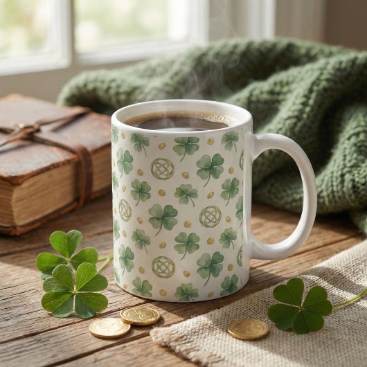 Watercolor Four Leaf Clovers & Celtic Knots コーヒーマグカップ