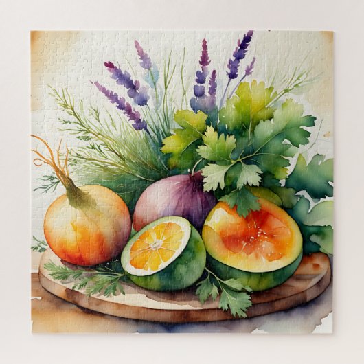 Watercolor Fresh Herbs Citrus Arrangement ジグソーパズル (縦)