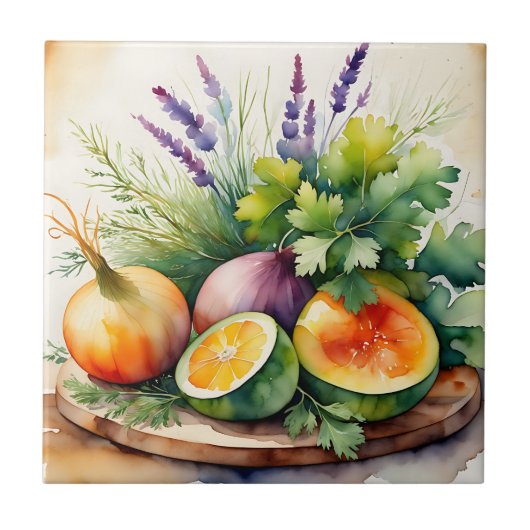 Watercolor Fresh Herbs Citrus Arrangement タイル (正面)