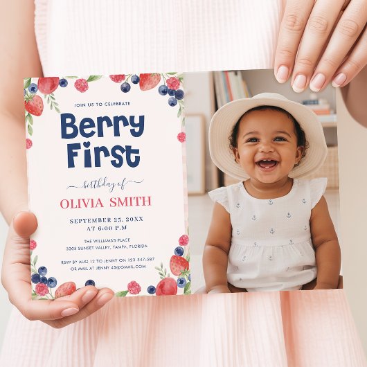 Watercolor Fruits Baby Photo Berry First Birthday 招待状