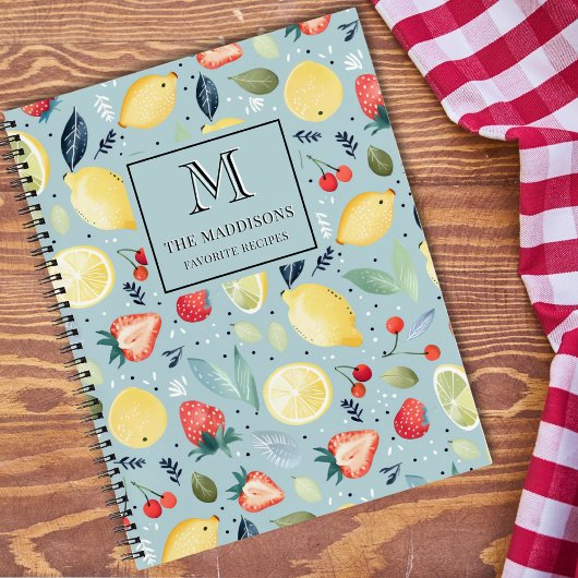 Watercolor Fruits Pattern Family Monogram Recipes ノートブック
