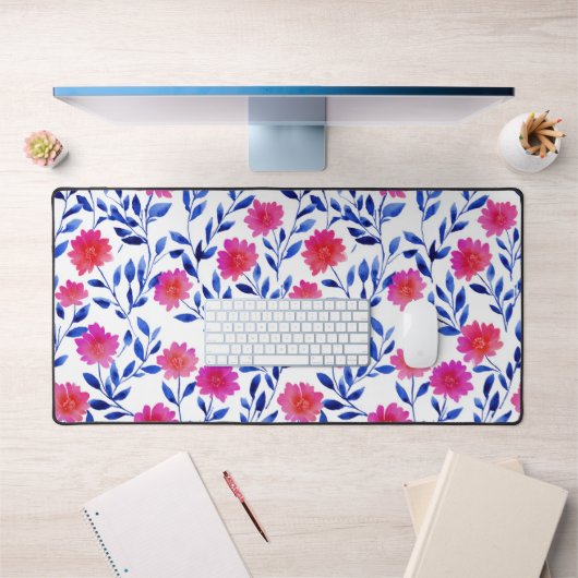 Watercolor Fuchsia Flowers Elegant Floral Pattern デスクマット (オフィス1)