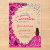 Watercolor Fuchsia Pink Roses Silver Quinceanera アクリル招待状 (正面)