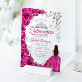 Watercolor Fuchsia Pink Roses Silver Quinceanera アクリル招待状