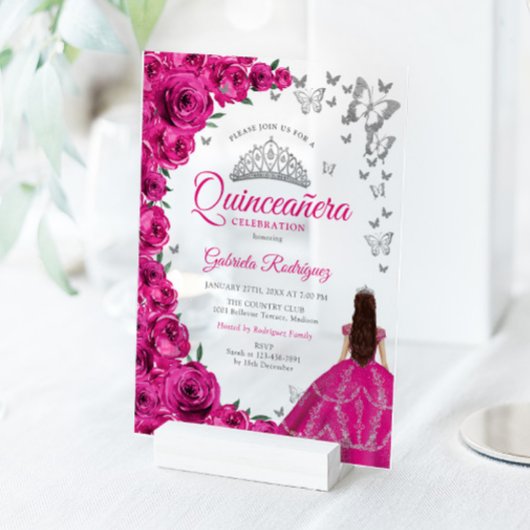 Watercolor Fuchsia Pink Roses Silver Quinceanera アクリル招待状