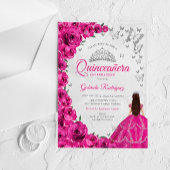 Watercolor Fuchsia Pink Roses Silver Quinceanera アクリル招待状
