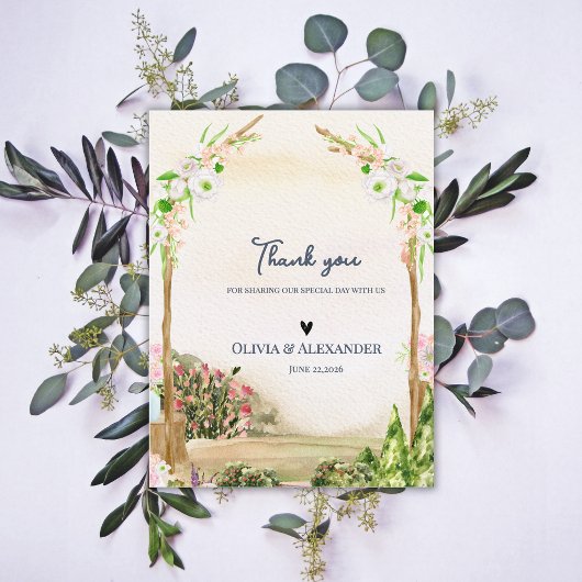 Watercolor Garden Arch Romantic Wedding Thank You ポストカード