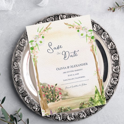 Watercolor Garden Arch Wedding Save the Date 案内状