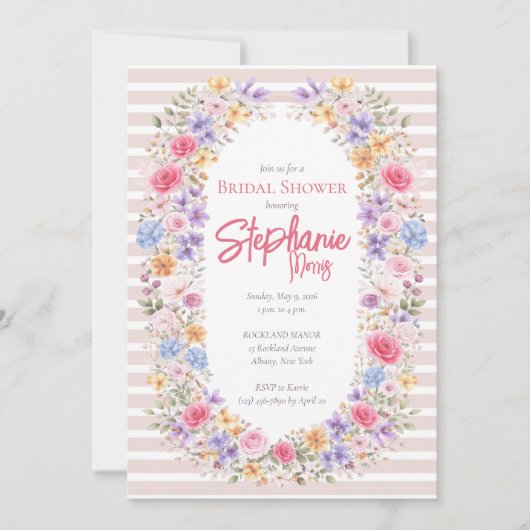 Watercolor Garden Flower Frame Striped Invitation 招待状 (正面)
