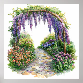 Watercolor Garden Gate Flowery Painting ポスター