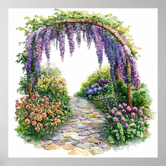 Watercolor Garden Gate Flowery Painting ポスター (正面)