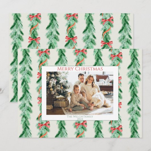 Watercolor Garland Bow Holiday Card 招待状 (正面/裏面)