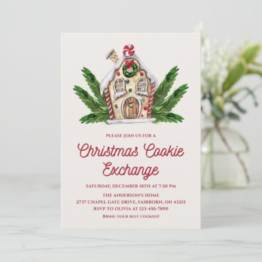 Watercolor Gingerbread House Cookie Exchange Party 招待状 (スタンド正面)