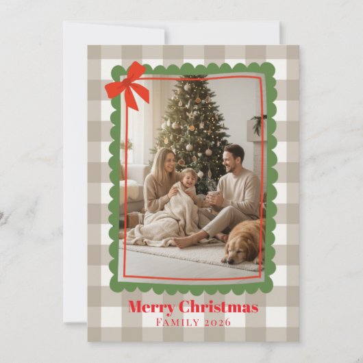 Watercolor Gingham Family Photo Christmas Holiday  シーズンカード (正面)