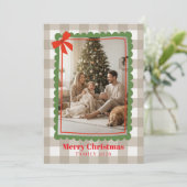 Watercolor Gingham Family Photo Christmas Holiday  シーズンカード (スタンド正面)