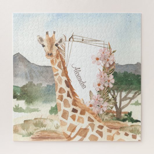 Watercolor Giraffe in African Savannah ジグソーパズル (縦)