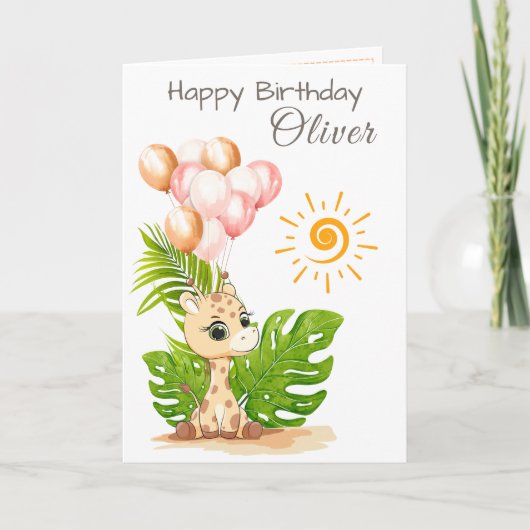 Watercolor Giraffe Kids Birthday Card with Name カード (正面)