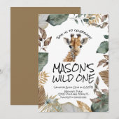 Watercolor Giraffe Wild  First Birthday 招待状 (正面/裏面)