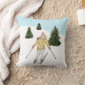 Watercolor Girl Skiing In Winter Slopes With Trees クッション (ブランケット)
