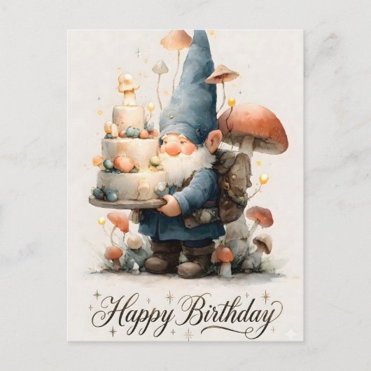 Watercolor Gnome Birthday Design with Tiered Cake ポストカード (正面)