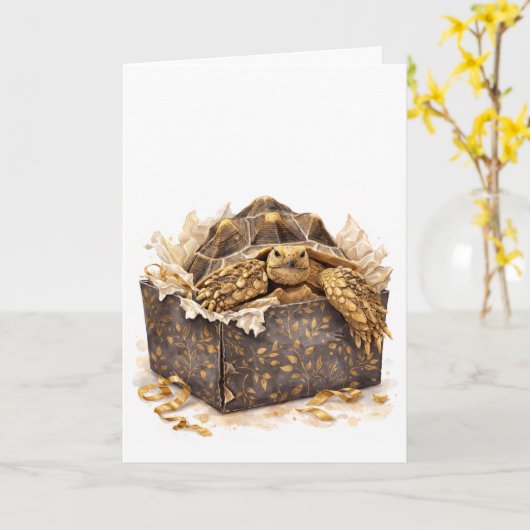 Watercolor Gold and Brown Birthday Gift Turtle カード (黄色い花)