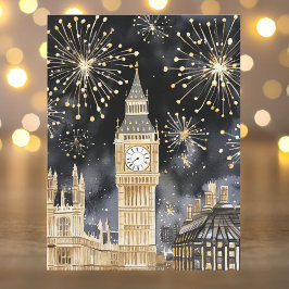 Watercolor Gold Black Happy New Year London  シーズンポストカード