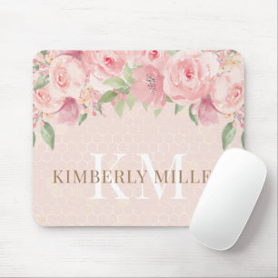 Watercolor Gold Blush Pink Floral Monogram マウスパッド