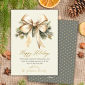 Watercolor Gold Bow Foliage Beige Christmas シーズンカード