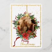 Watercolor Gold Foil Holly Wreath Photo Card 箔シーズンカード (正面)