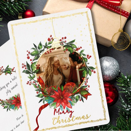 Watercolor Gold Foil Holly Wreath Photo Card 箔シーズンカード