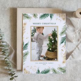 Watercolor Gold Foil Pine Needles Photo Christmas シーズンカード