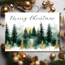 Watercolor Gold Green Forest Merry Christmas