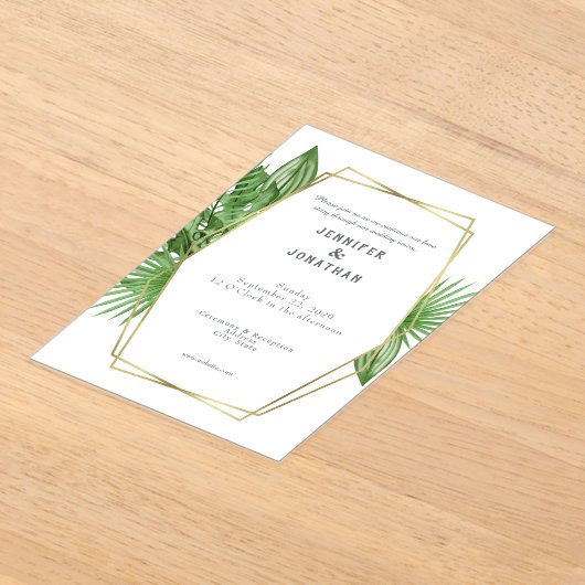 Watercolor Gold Tropical Frame Wedding Invitation アクリル招待状 (レイダウン)