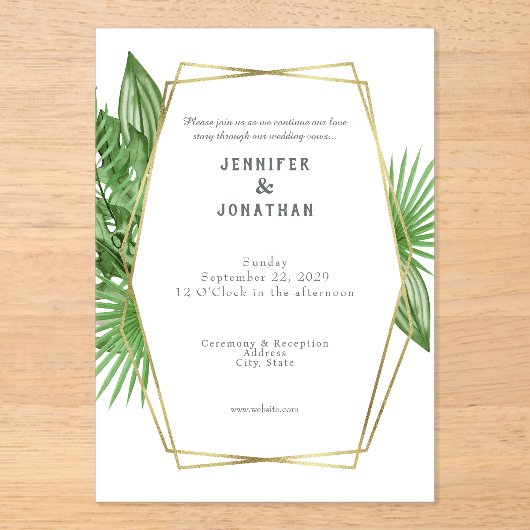 Watercolor Gold Tropical Frame Wedding Invitation アクリル招待状 (正面)